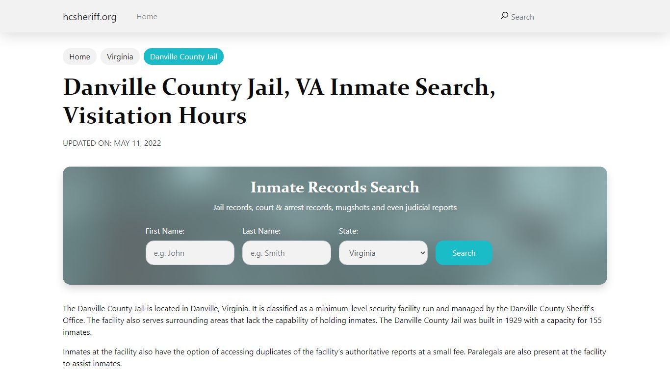 Danville County Jail, VA Inmate Search, Visitation Hours